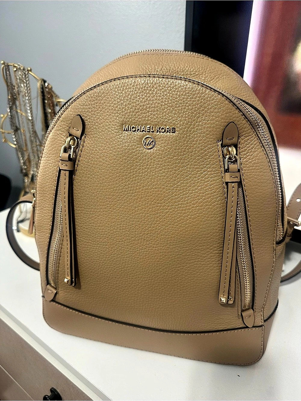 Michael Kors Rhea Medium Pebbled Leather Backpack, Brown